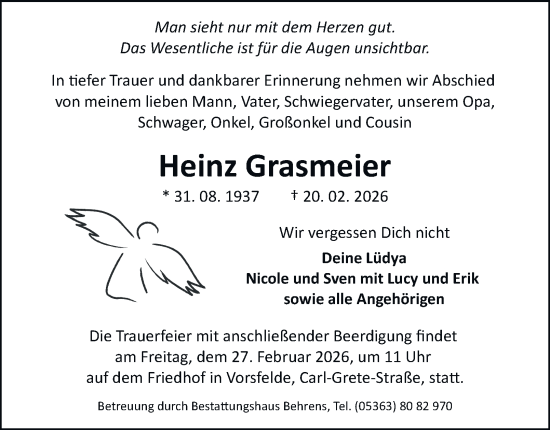 Traueranzeige von Heinz Grasmeier von Braunschweiger Zeitung, Wolfsburger Nachrichten