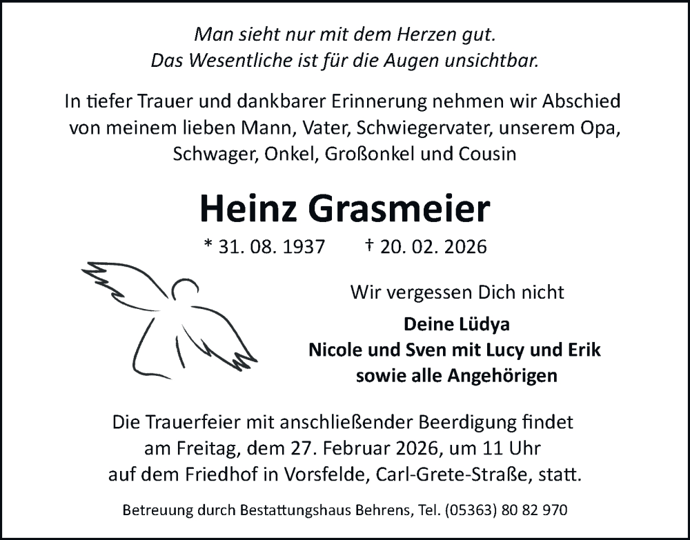  Traueranzeige für Heinz Grasmeier vom 25.02.2026 aus Braunschweiger Zeitung, Wolfsburger Nachrichten