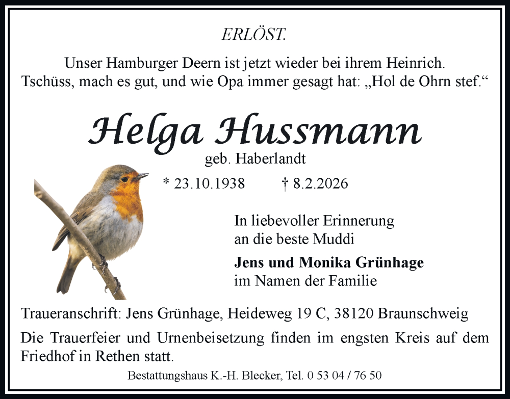  Traueranzeige für Helga Hussmann vom 14.02.2026 aus Braunschweiger Zeitung, Braunschweiger Zeitung