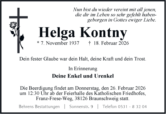 Traueranzeige von Helga Kontny von Braunschweiger Zeitung, Braunschweiger Zeitung