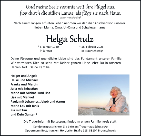 Traueranzeige von Helga Schulz von Braunschweiger Zeitung, Braunschweiger Zeitung