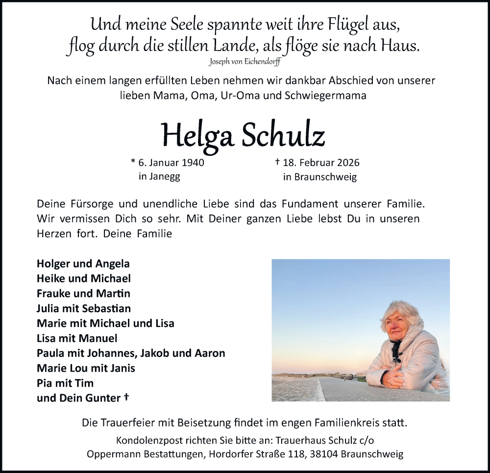  Traueranzeige für Helga Schulz vom 21.02.2026 aus Braunschweiger Zeitung, Braunschweiger Zeitung