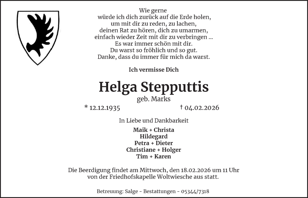  Traueranzeige für Helga Stepputtis vom 10.02.2026 aus Peiner Nachrichten