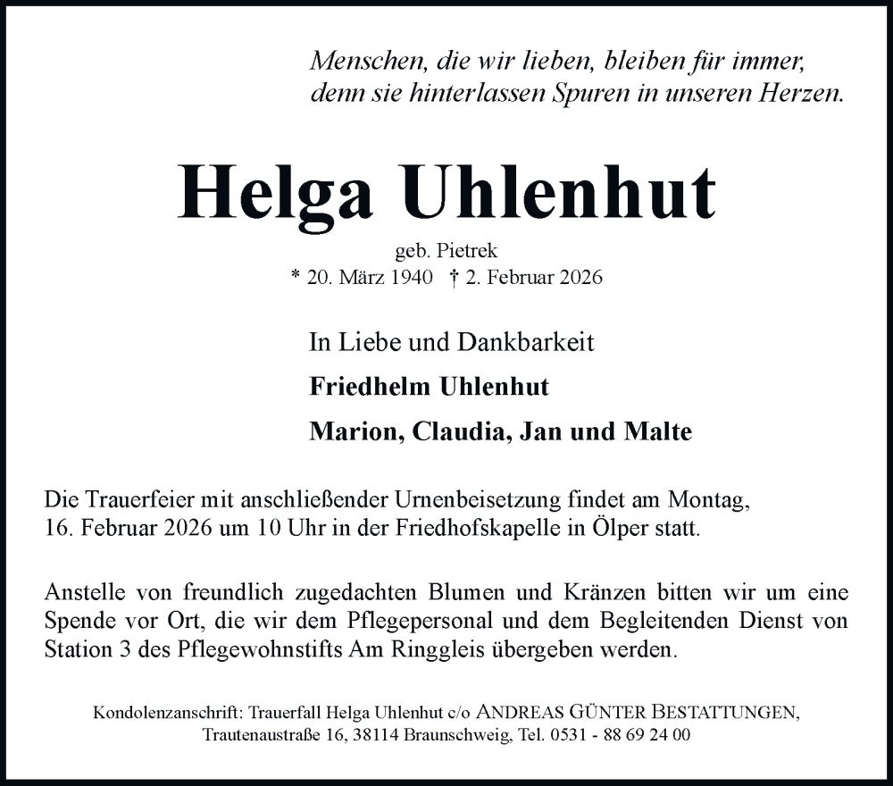  Traueranzeige für Helga Uhlenhut vom 07.02.2026 aus Braunschweiger Zeitung, Braunschweiger Zeitung