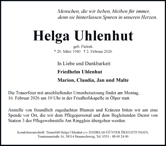 Traueranzeige von Helga Uhlenhut von Braunschweiger Zeitung, Braunschweiger Zeitung