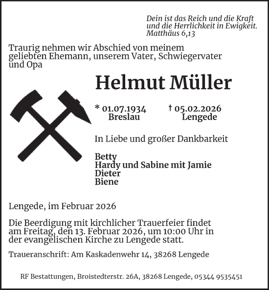 Traueranzeige von Helmut Müller von Peiner Nachrichten