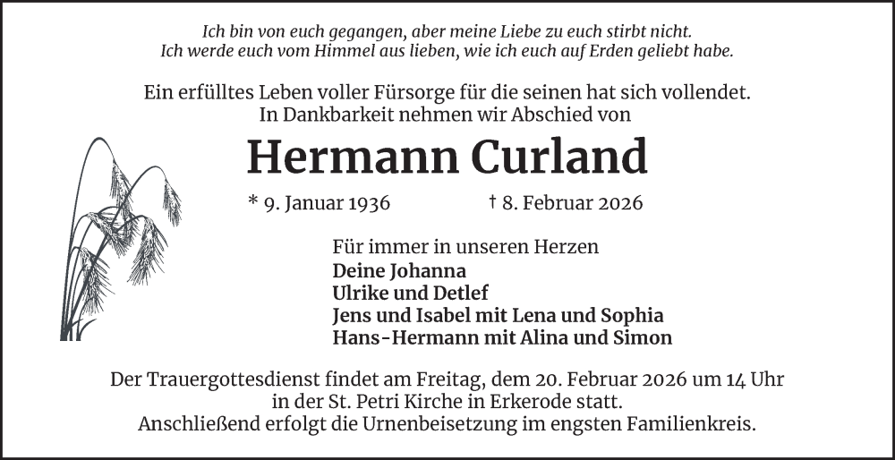  Traueranzeige für Hermann Curland vom 14.02.2026 aus Wolfenbütteler Zeitung