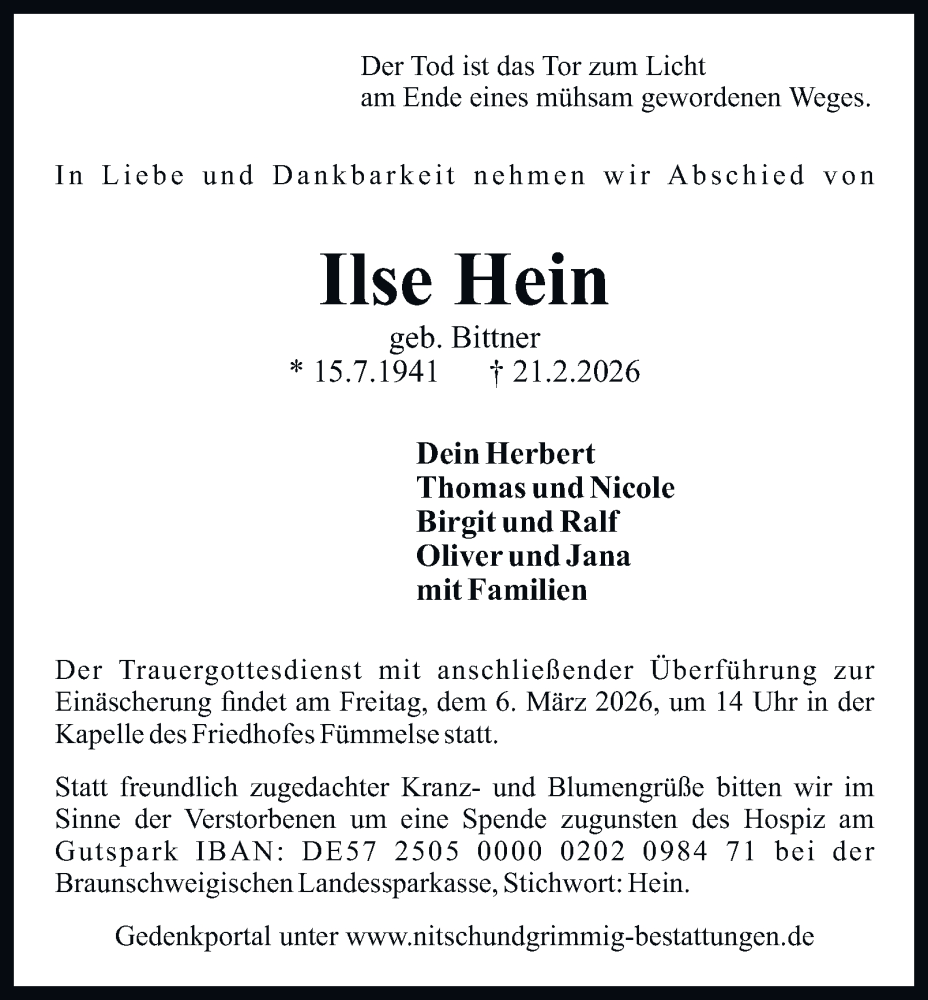  Traueranzeige für Ilse Hein vom 28.02.2026 aus Wolfenbütteler Zeitung