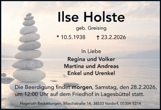 Traueranzeige von Ilse Holste von Braunschweiger Zeitung, Braunschweiger Zeitung