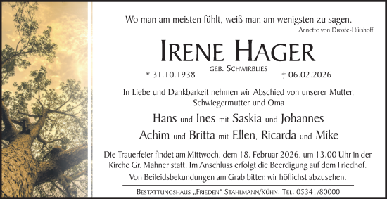 Traueranzeige von Irene Hager von Salzgitter-Zeitung