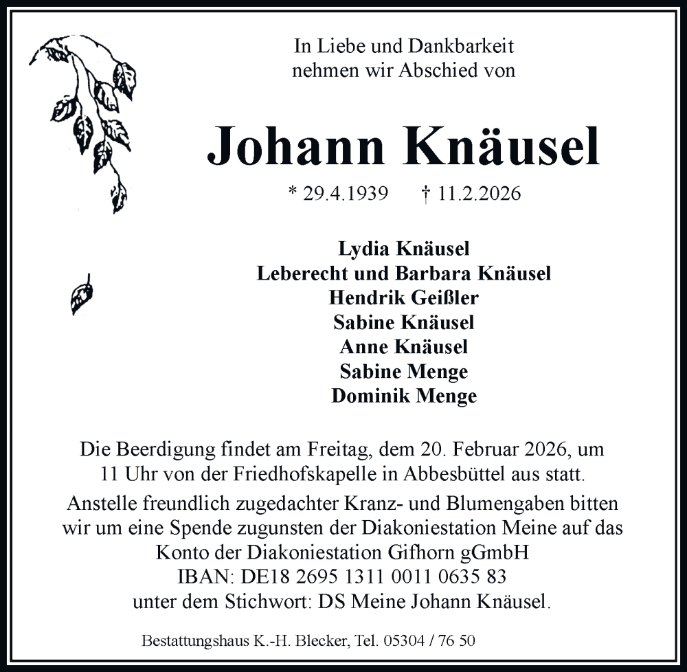  Traueranzeige für Johann Knäusel vom 18.02.2026 aus Braunschweiger Zeitung, Wolfsburger Nachrichten