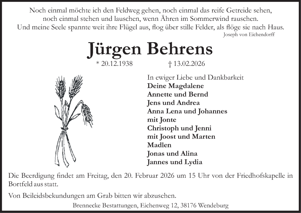  Traueranzeige für Jürgen Behrens vom 18.02.2026 aus Braunschweiger Zeitung, Braunschweiger Zeitung
