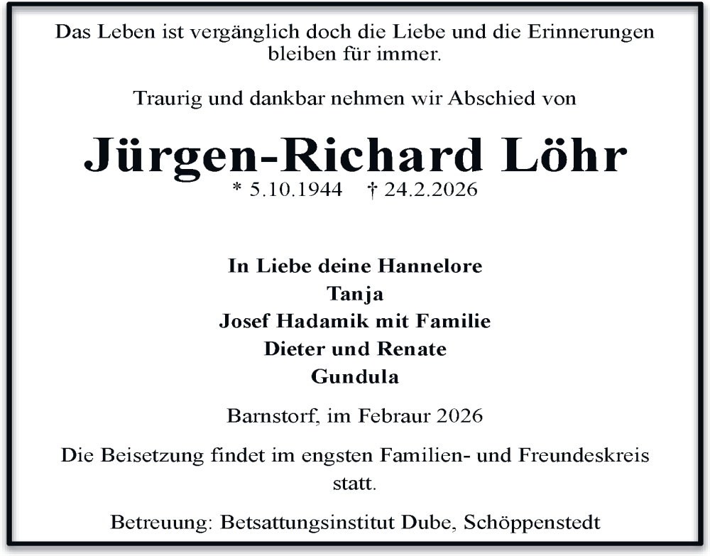  Traueranzeige für Jürgen-Richard Löhr vom 28.02.2026 aus Wolfenbütteler Zeitung