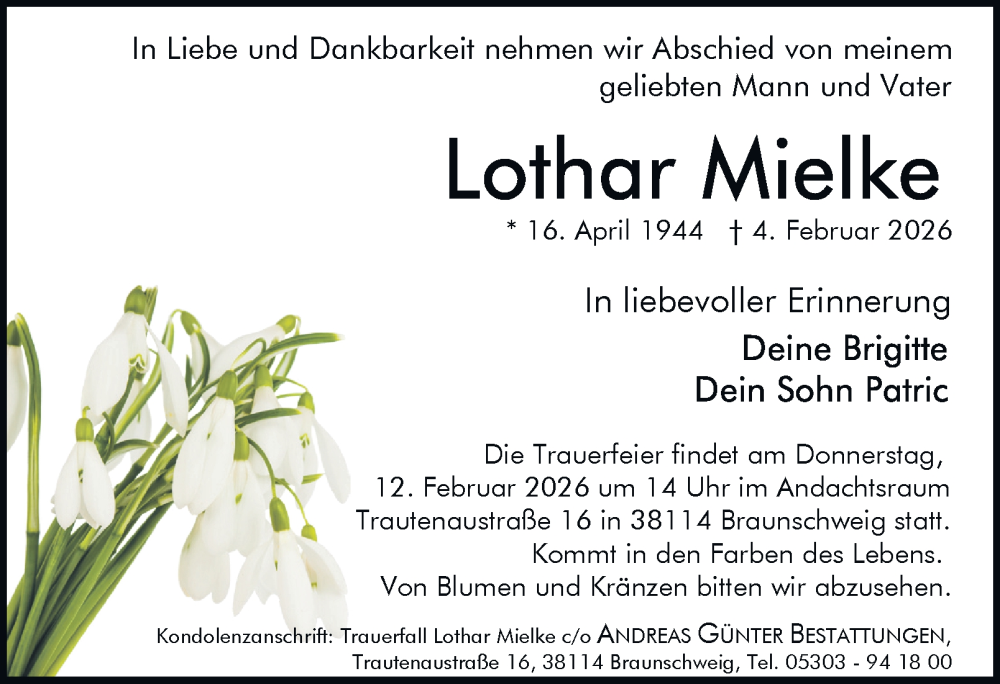  Traueranzeige für Lothar Mielke vom 07.02.2026 aus Braunschweiger Zeitung, Braunschweiger Zeitung