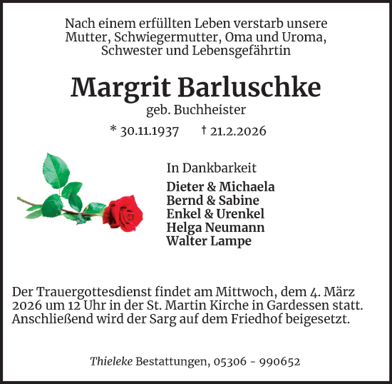 Traueranzeige von Margrit Barluschke von Wolfenbütteler Zeitung