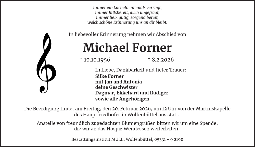  Traueranzeige für Michael Forner vom 14.02.2026 aus Braunschweiger Zeitung, Braunschweiger Zeitung