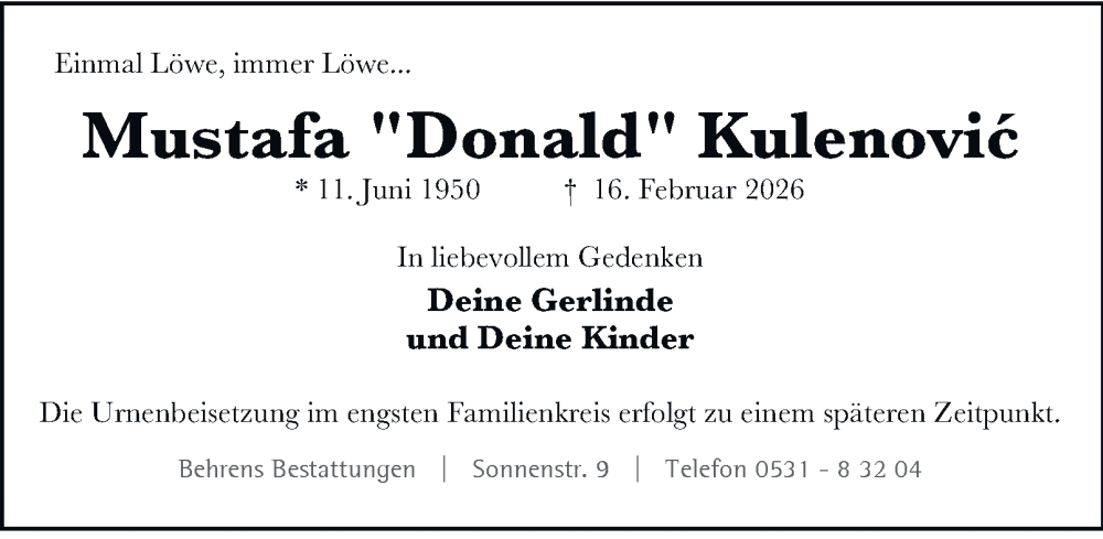  Traueranzeige für Mustafa Kulenovic vom 21.02.2026 aus Braunschweiger Zeitung, Braunschweiger Zeitung