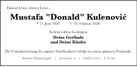 Traueranzeige von Mustafa Kulenovic von Braunschweiger Zeitung, Braunschweiger Zeitung