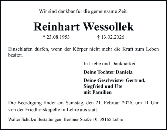 Traueranzeige von Reinhart Wessollek von Helmstedter Nachrichten