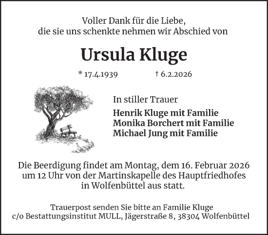 Traueranzeige von Ursula Kluge von Wolfenbütteler Zeitung