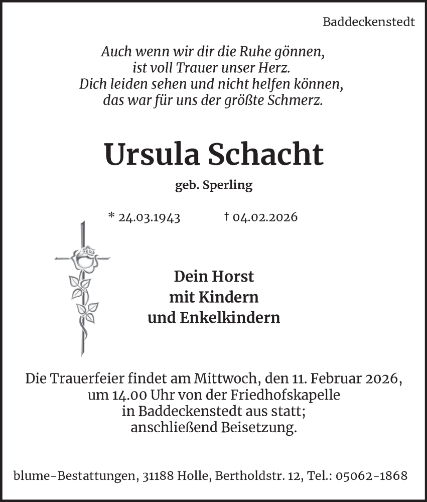  Traueranzeige für Ursula Schacht vom 07.02.2026 aus Salzgitter-Zeitung