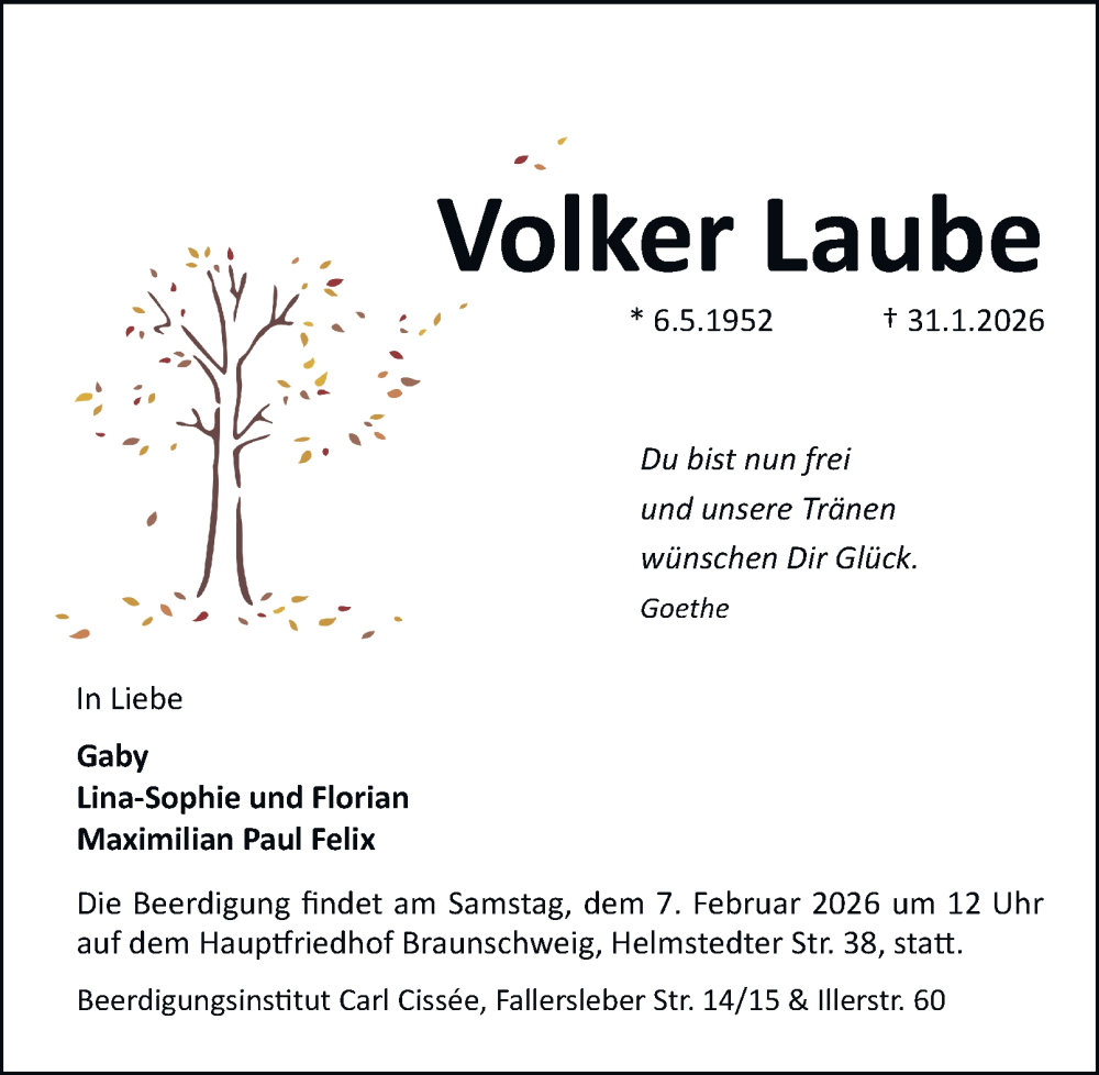  Traueranzeige für Volker Laube vom 04.02.2026 aus Braunschweiger Zeitung, Braunschweiger Zeitung